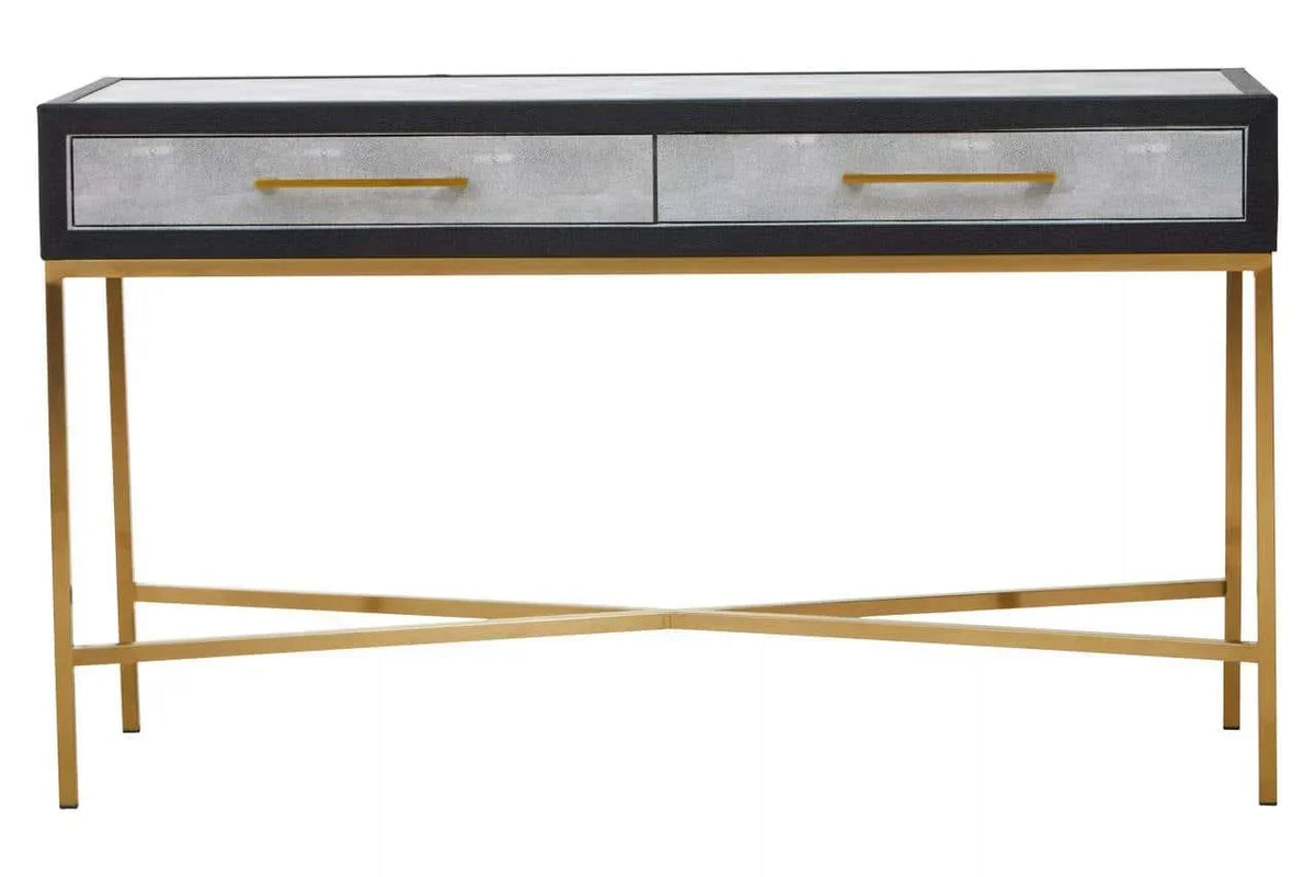Modern console table with gold metal legs and two silver drawers