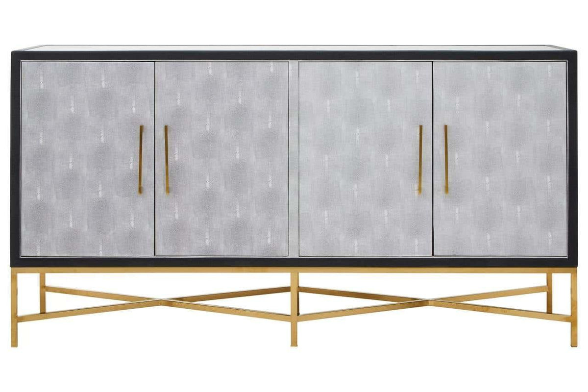 Modern sideboard with grey cabinet doors, gold handles and gold cross-base frame