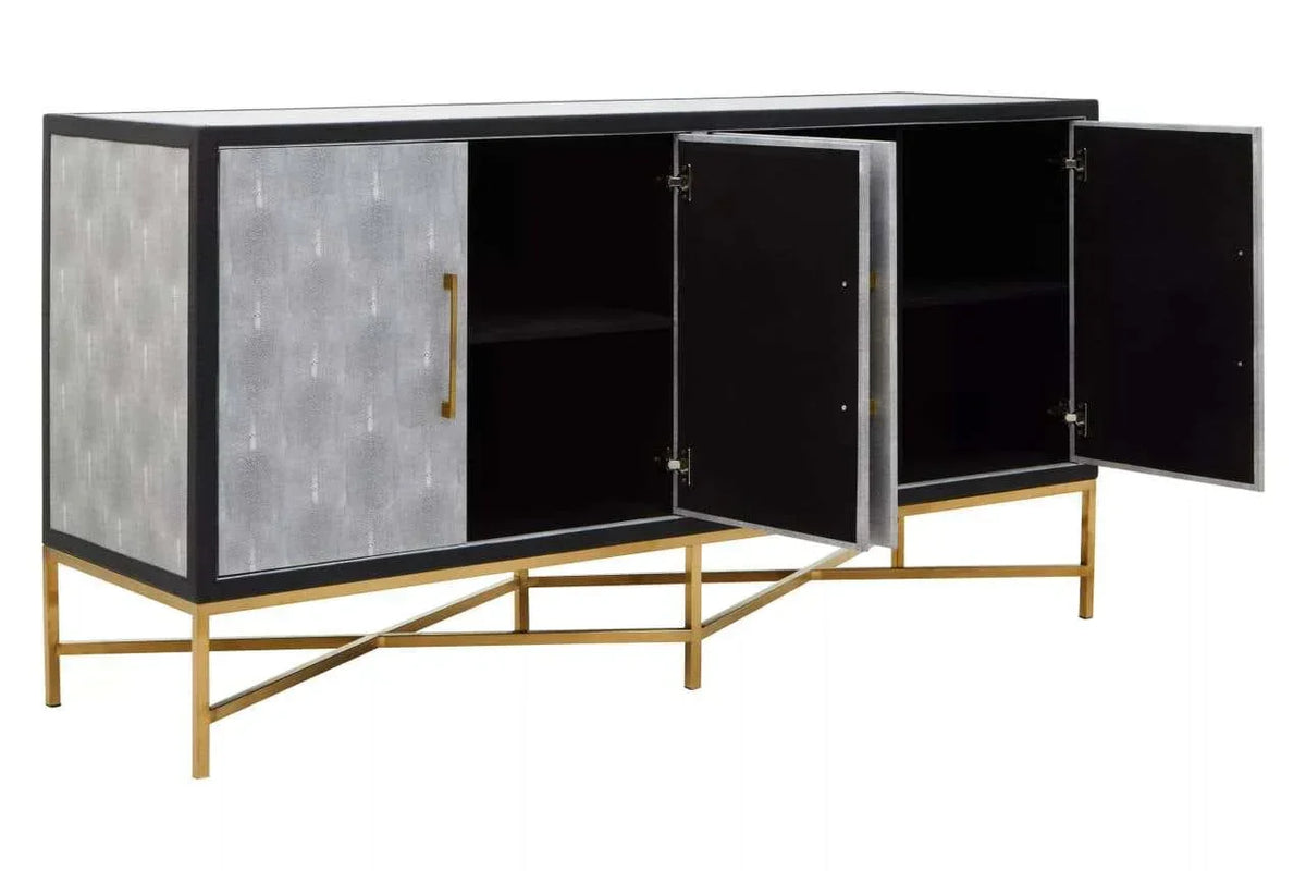 Modern sideboard cabinet with grey textured doors, gold metal legs, open storage shelves