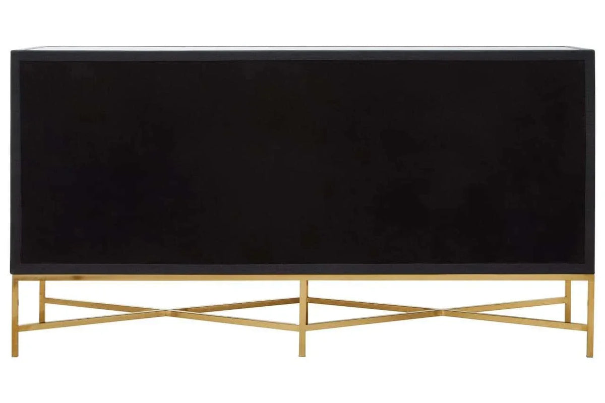 Black sideboard with gold metal base and geometric crossbar detail, front view