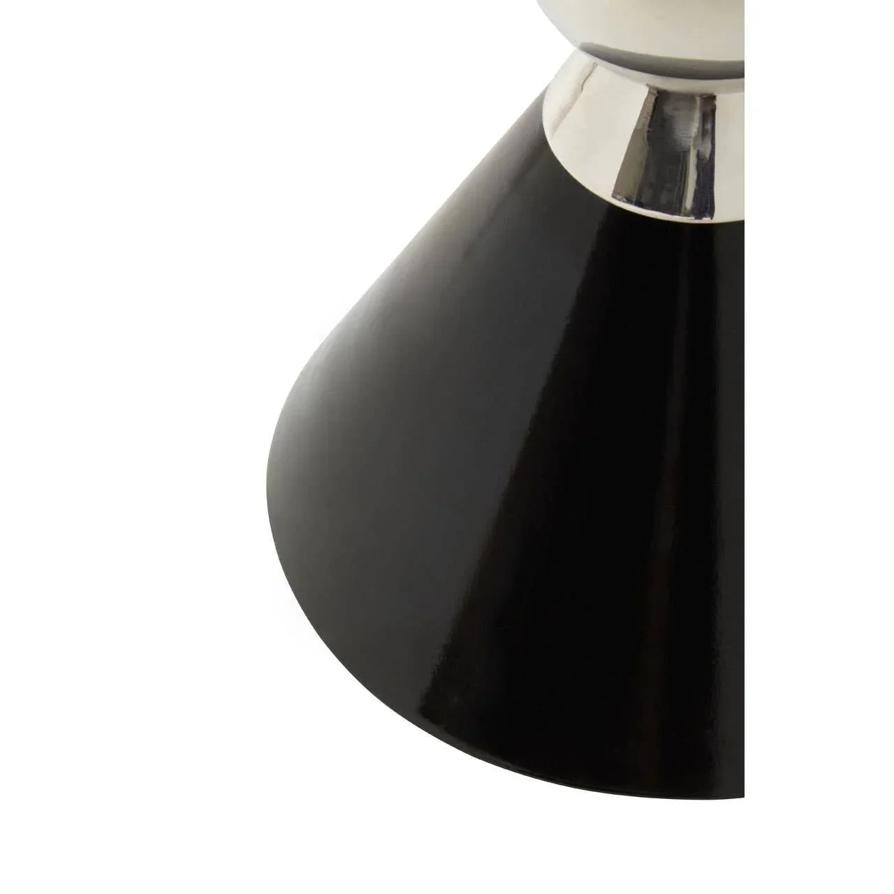 Glossy black metal table lamp base with silver accent, close-up view