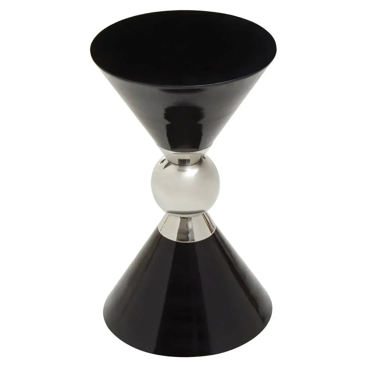 Black and chrome side table with geometric cone and sphere base design