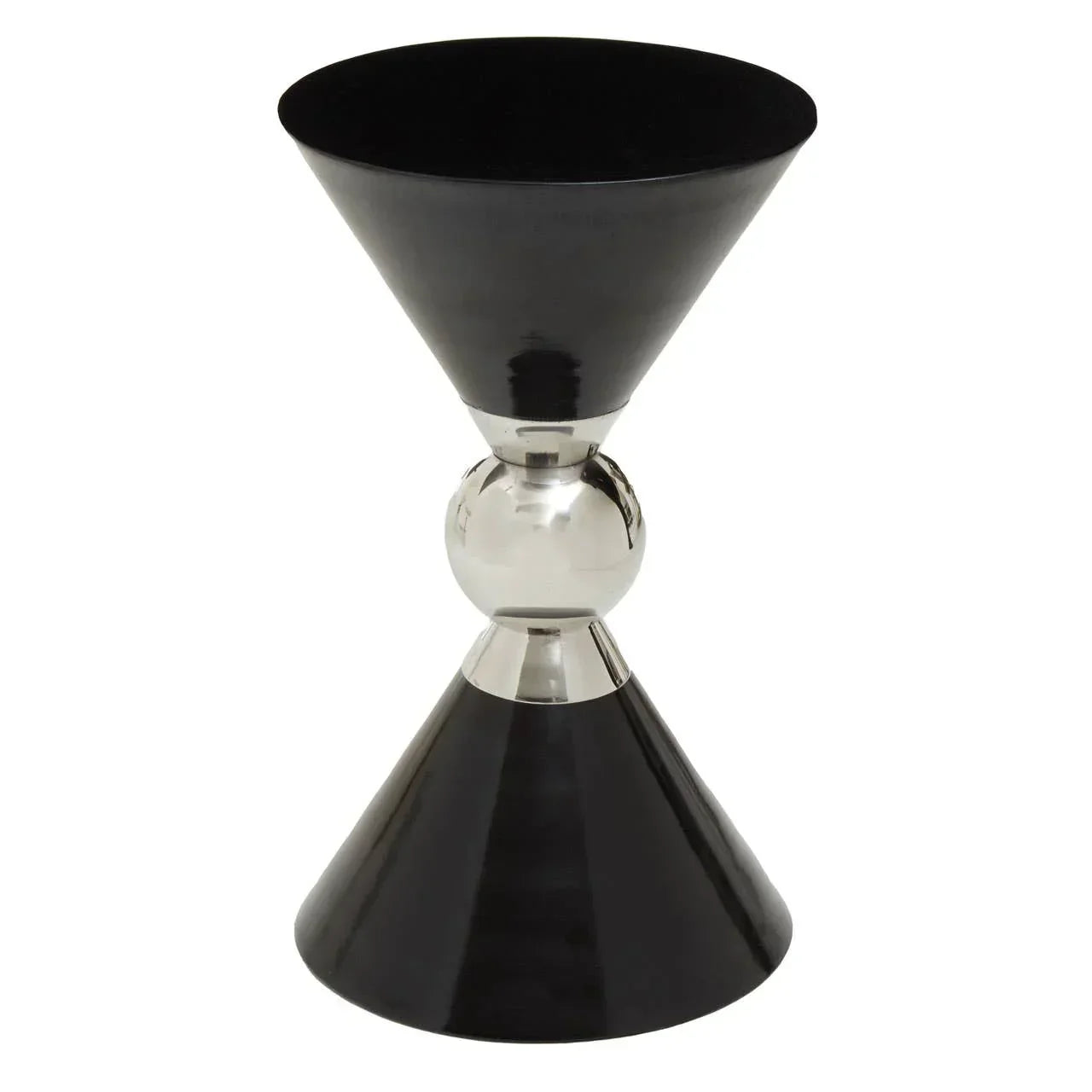 Black and chrome accent side table with geometric hourglass design