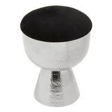A sleek, modern stool with a shiny silver base and a round black top, featuring a tapered design that adds a contemporary touch to home decor