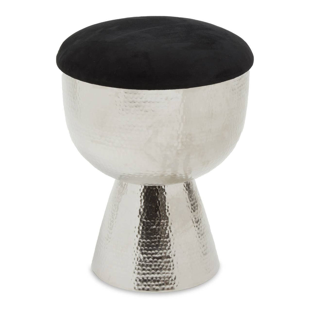 A modern stool featuring a sleek, metallic base with a tapered design and a round, black upholstered top. The stool has a shiny silver finish that reflects light, adding a contemporary touch to any space