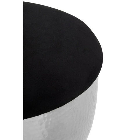 A close-up view of the Jaipur Stool featuring a sleek, round black top and a shiny metallic base, showcasing a modern design with a minimalist aesthetic