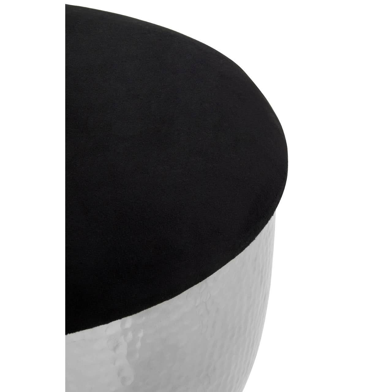 A close-up view of the Jaipur Stool featuring a sleek, round black top and a shiny metallic base, showcasing a modern design with a minimalist aesthetic