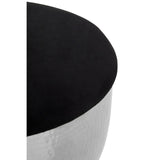 A close-up view of the Jaipur Stool featuring a sleek, round black top and a shiny metallic base, showcasing a modern design with a minimalist aesthetic