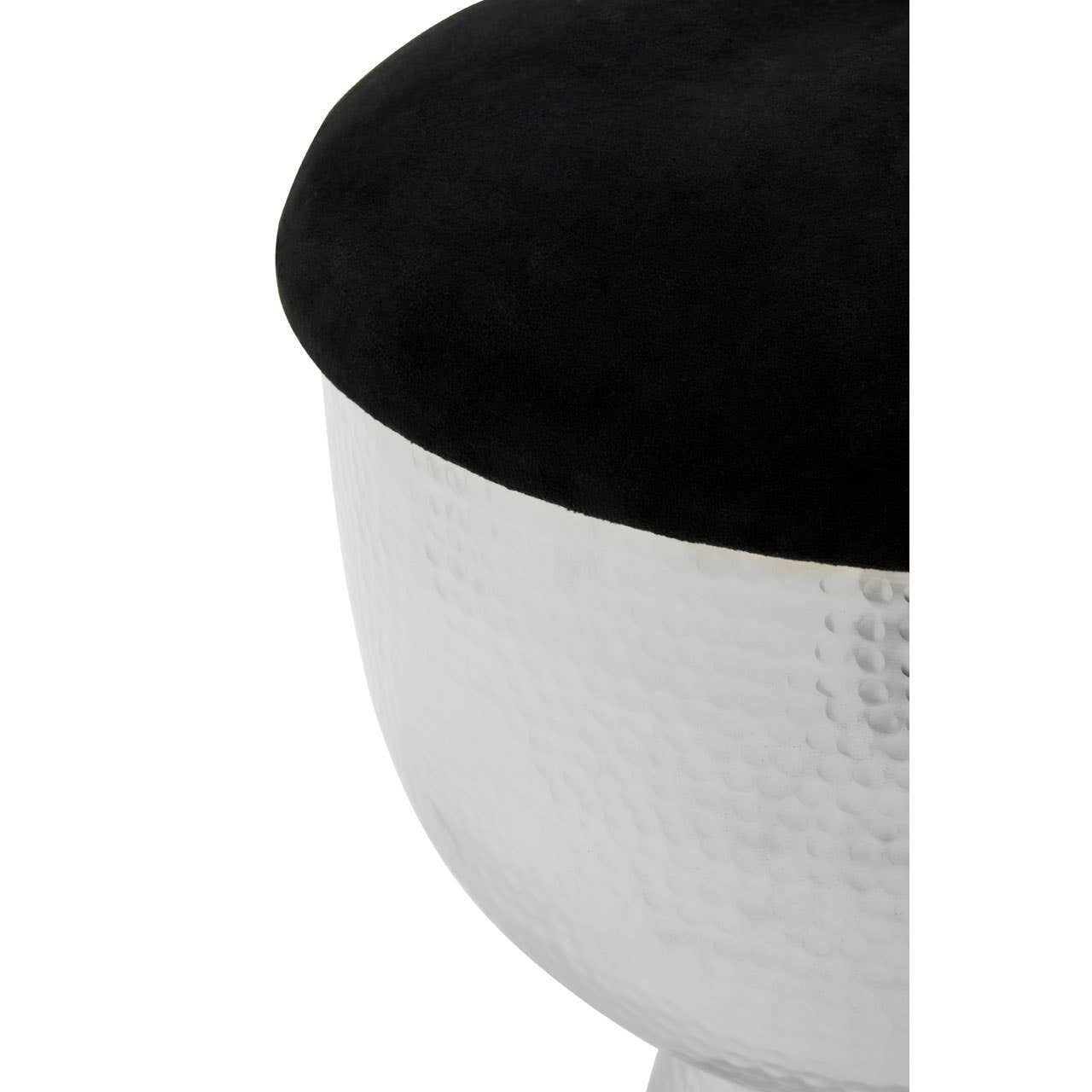 A close-up view of the Jaipur Stool featuring a round black velvet cushion on top and a shiny metallic silver base, showcasing a smooth transition between the two materials