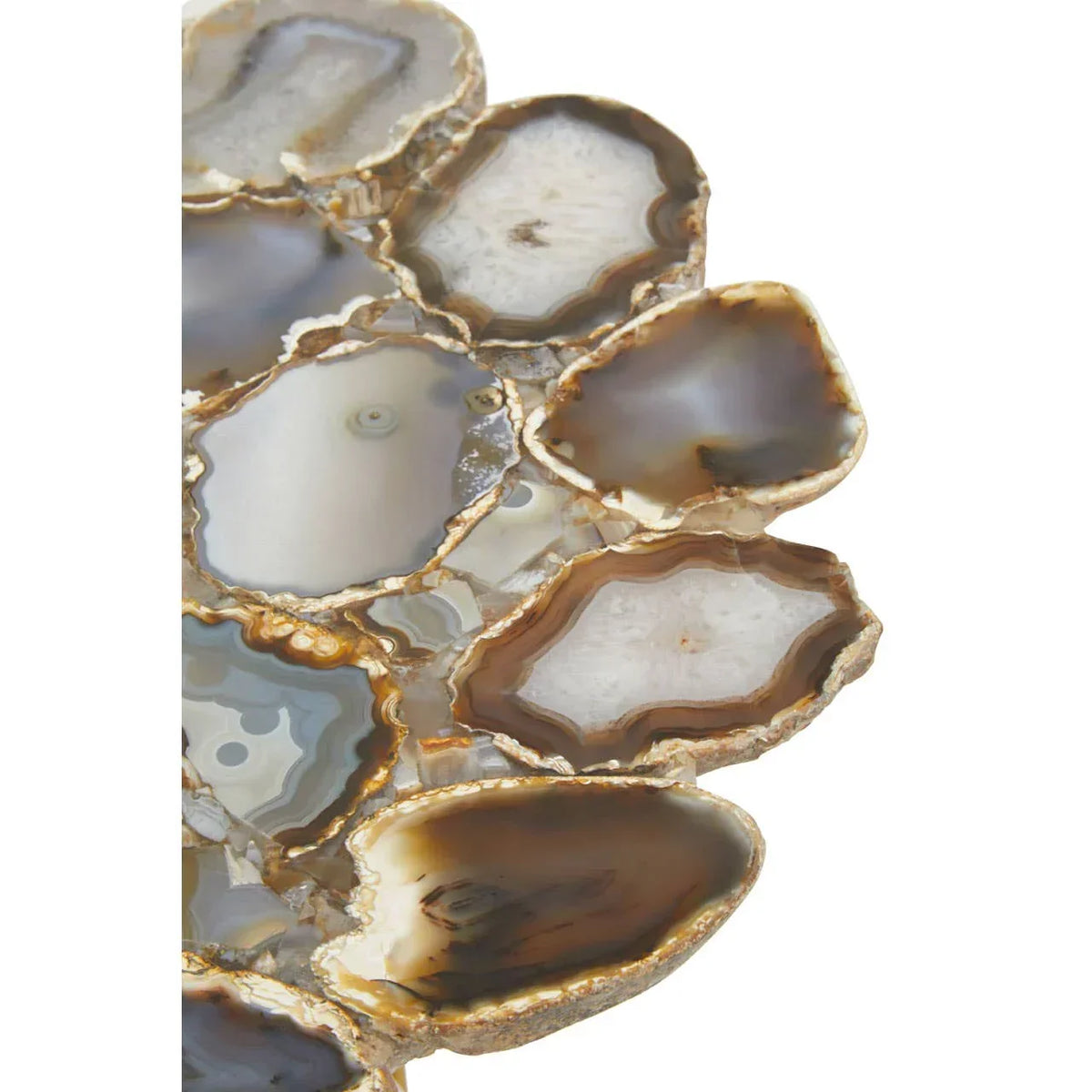 Closeup of agate top coffee table showing natural stone pattern and polished surface