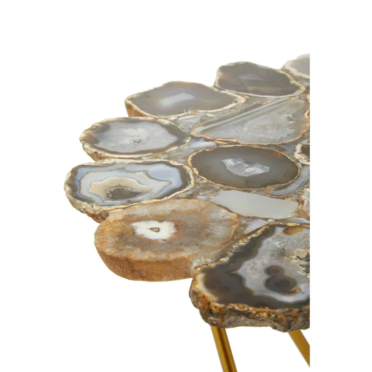 Round agate side table with natural stone top and gold metal legs, close-up view