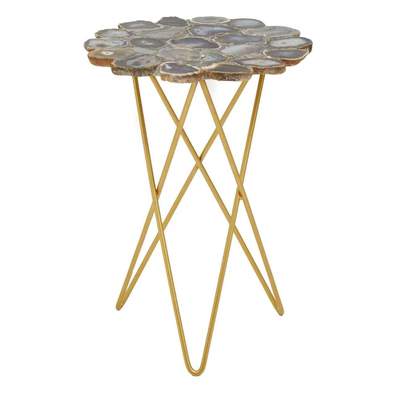 Round agate side table with gold metal legs and natural stone tabletop