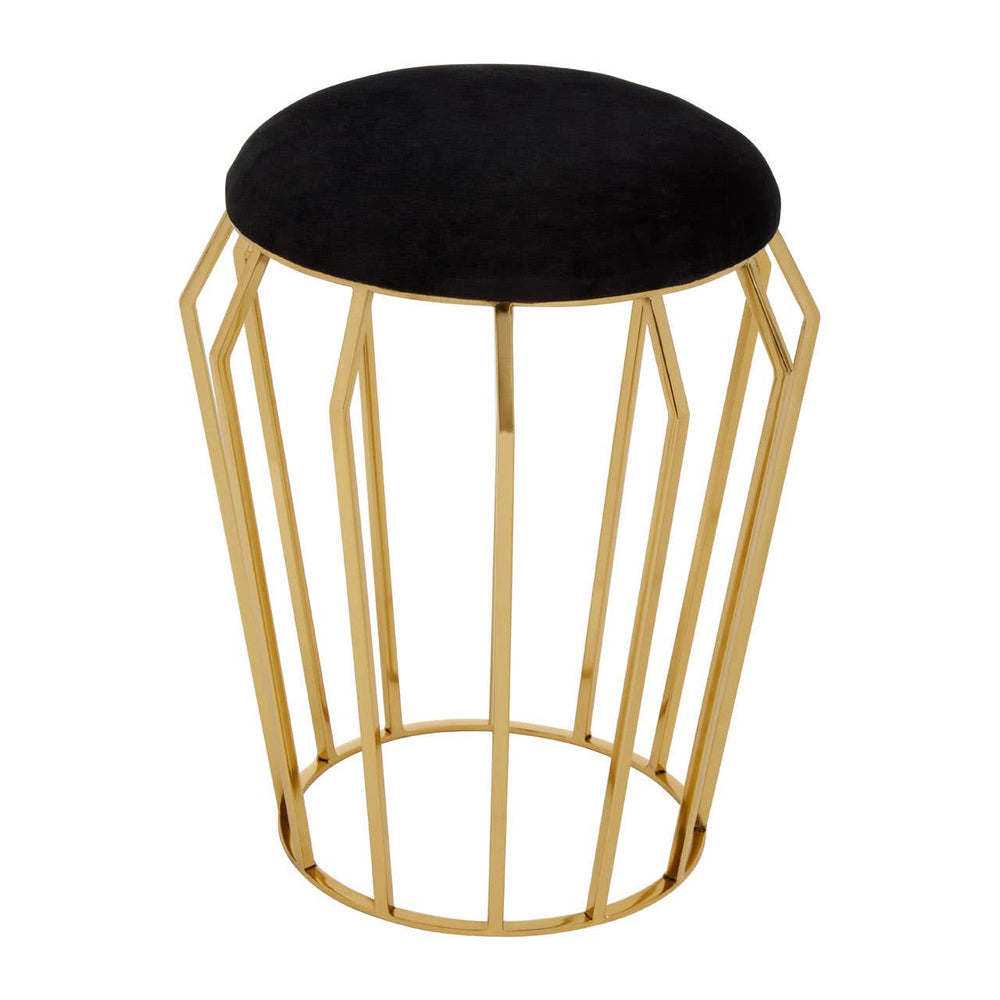 Black velvet stool with a round top and a geometric gold metal base featuring vertical bars, creating a modern and stylish accent piece for home decor