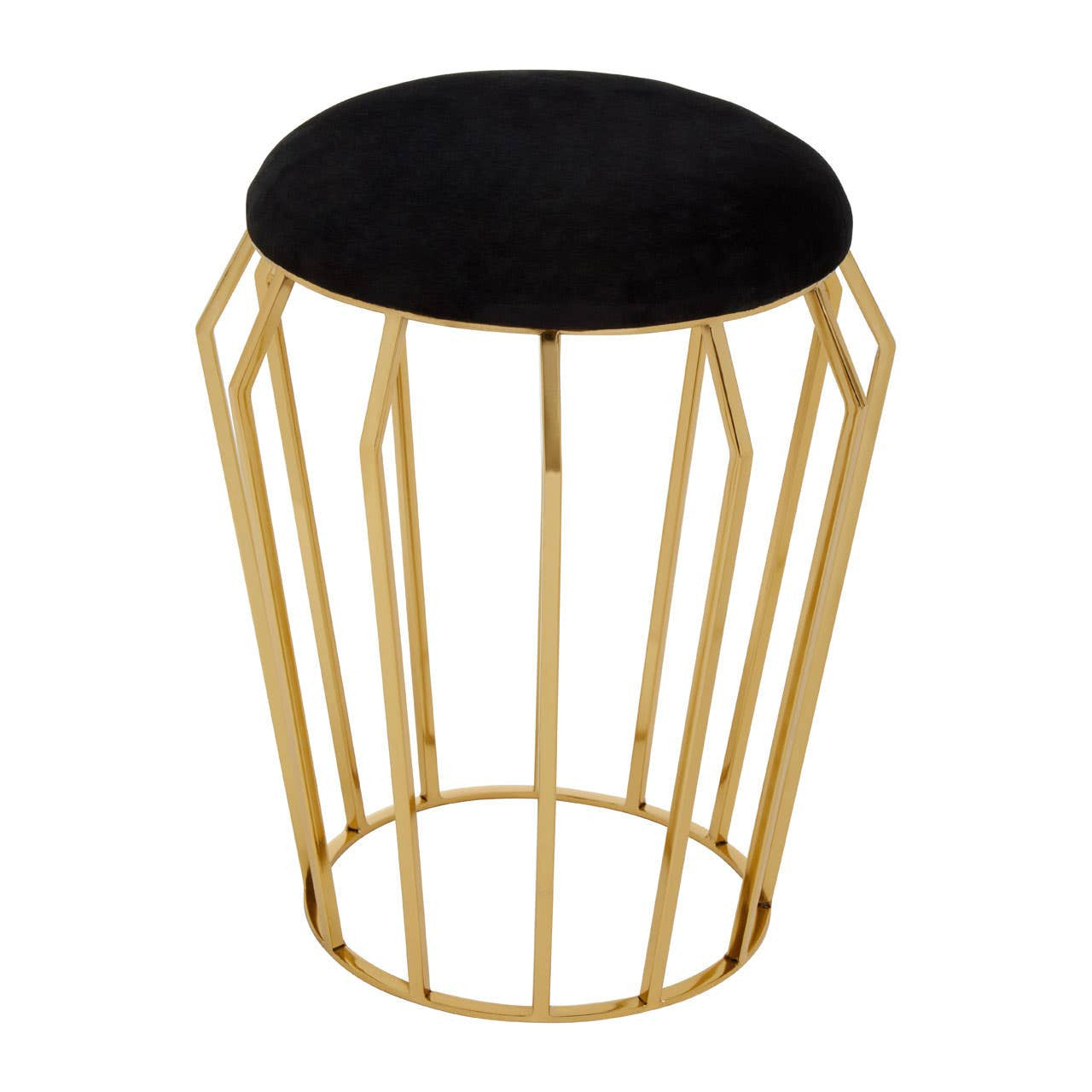 Black velvet stool with a round top and a geometric gold metal base featuring vertical bars, creating a modern and stylish accent piece for home decor