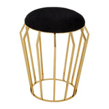Black velvet stool with a round top and a geometric gold metal base featuring vertical bars, creating a modern and stylish accent piece for home decor