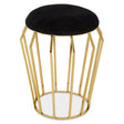 A black velvet stool with a round top and a geometric gold metal frame, featuring vertical bars that create an open design. The stool has a sleek and modern appearance, suitable for various home decor styles
