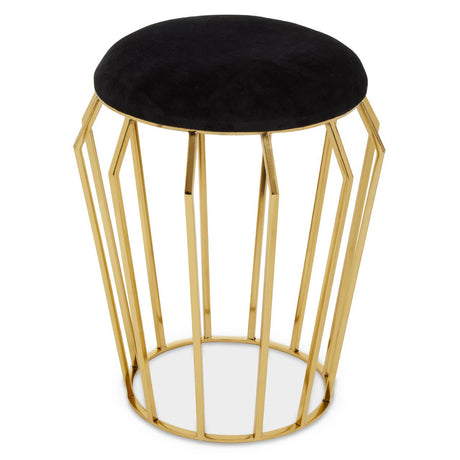 A black velvet stool with a round top and a geometric gold metal frame, featuring vertical bars that create an open design. The stool has a sleek and modern appearance, suitable for various home decor styles
