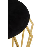 Black velvet stool with a round top and geometric gold finish legs, showcasing a modern and elegant design