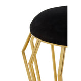 Black velvet stool with a round top and sleek gold finish legs featuring a geometric design. The stool's luxurious fabric contrasts with the shiny metallic base, creating an elegant and modern look suitable for home decor