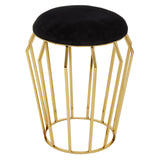 A black velvet stool with a round top and a geometric gold metal base featuring vertical bars, creating a modern and stylish accent piece for home decor
