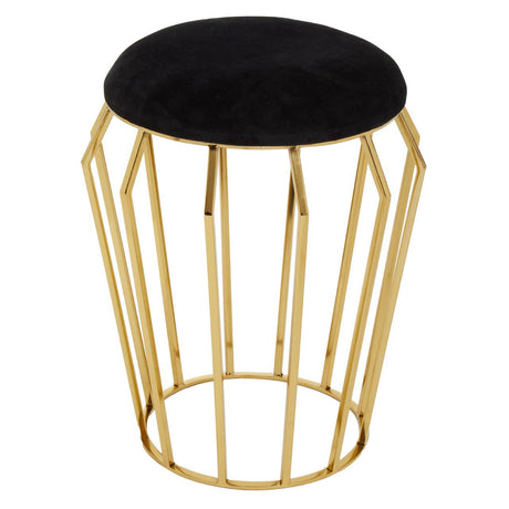 A black velvet stool with a round top and a geometric gold metal base featuring vertical bars, creating a modern and stylish accent piece for home decor