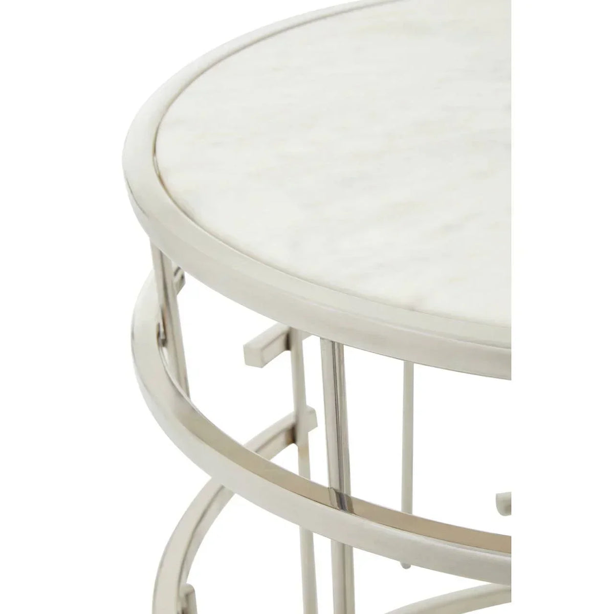 Round marble top side table with silver metal frame, close-up of upper section