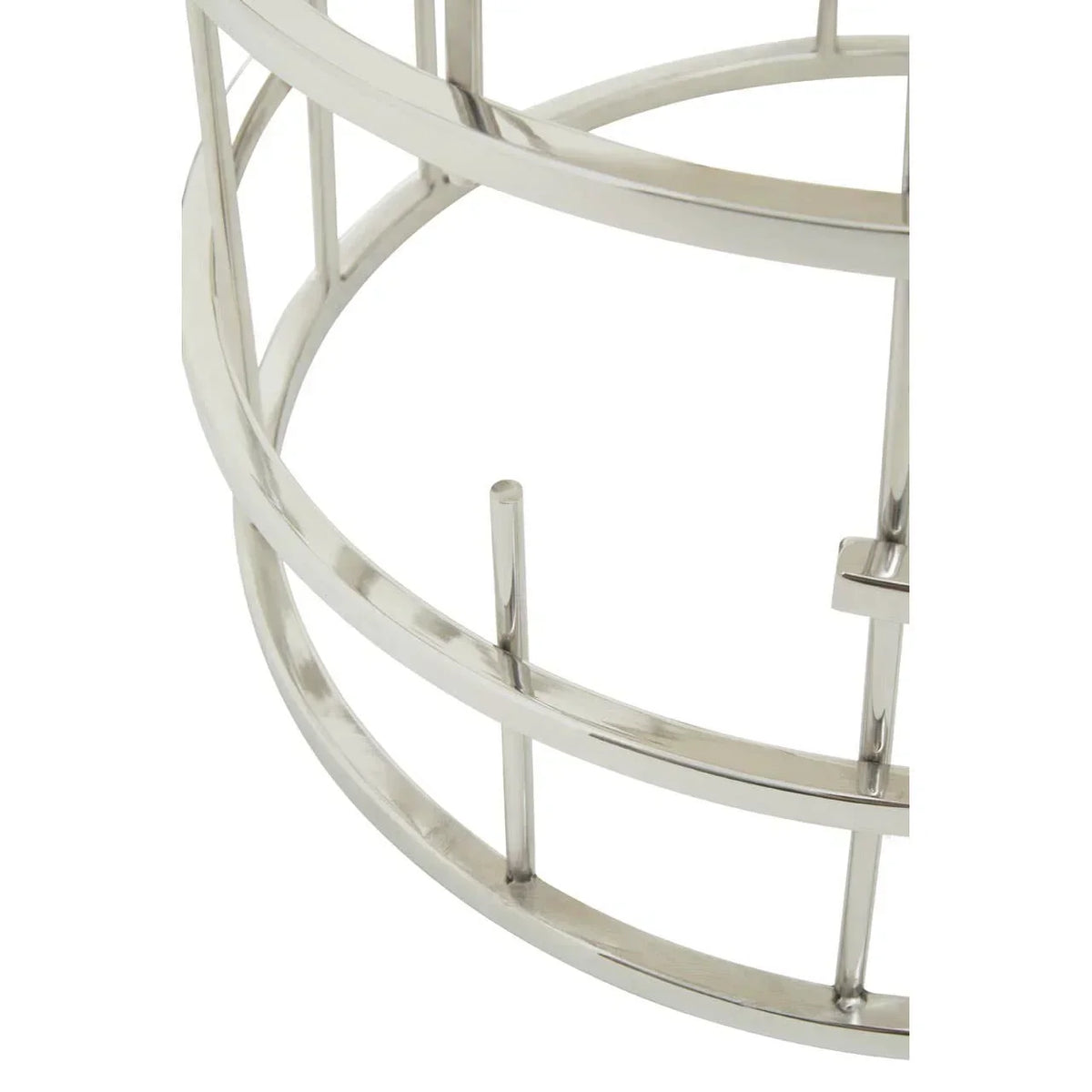 Closeup of chrome metal coffee table base with modern geometric design