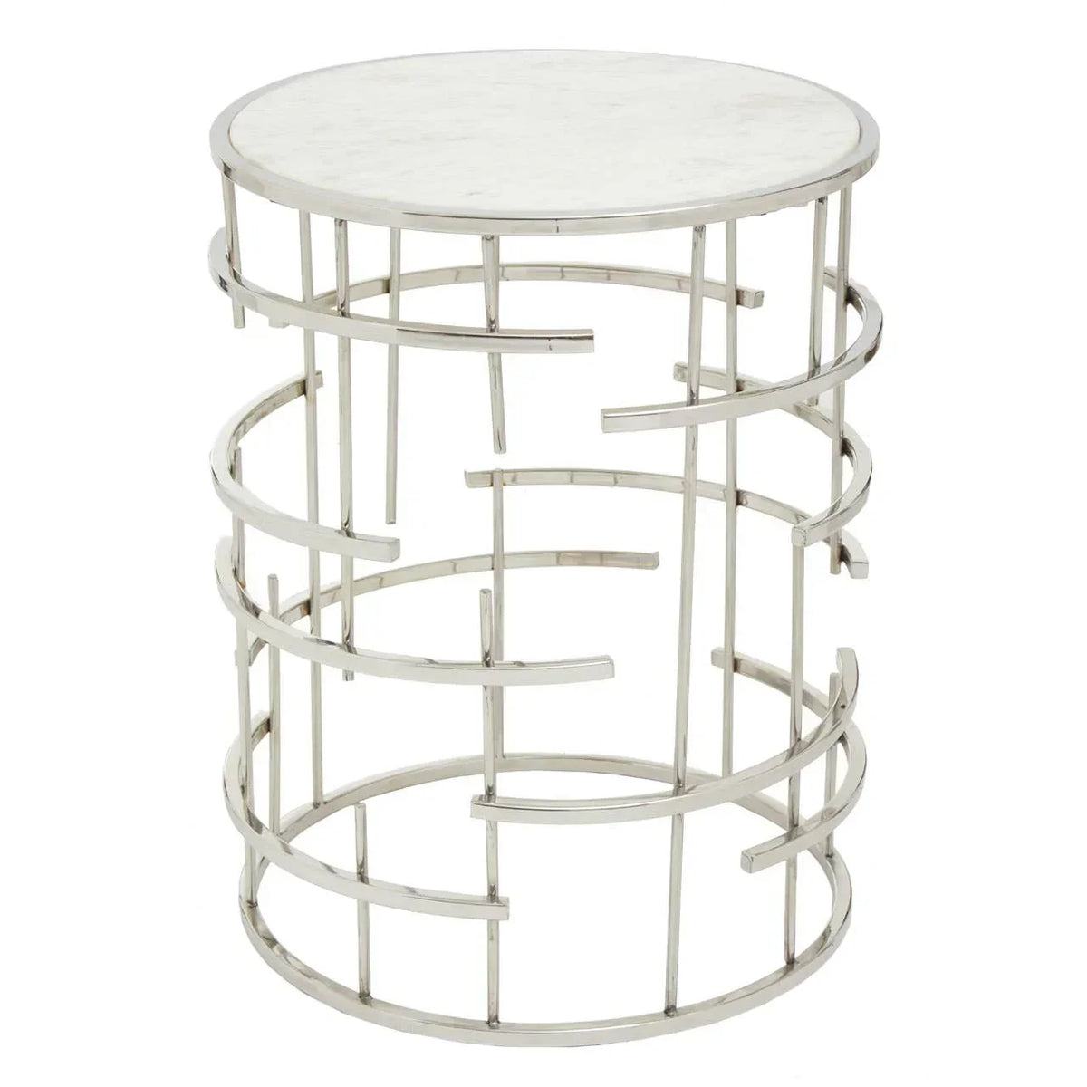 Round side table with white marble top and chrome geometric metal frame