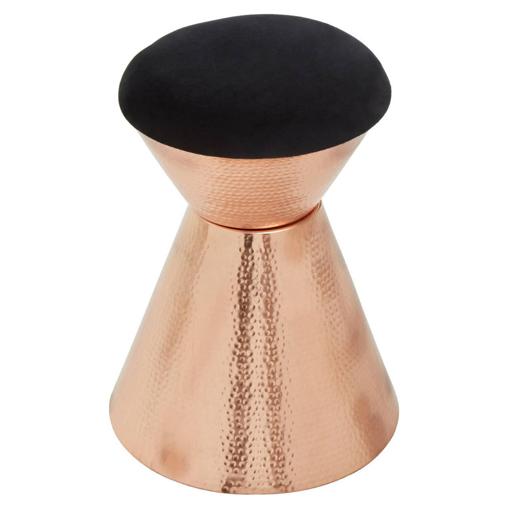Black velvet upholstered stool with a sleek copper finish base, featuring a conical shape and a rounded top. The combination of materials creates a modern and stylish accent piece suitable for various home decor styles