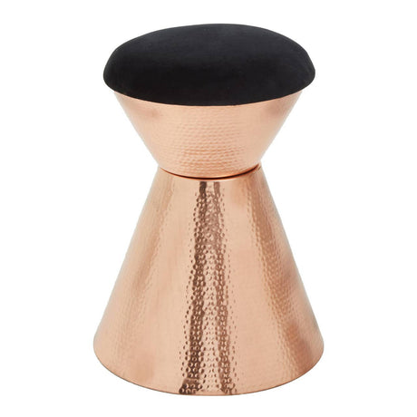 Black velvet upholstered stool with a sleek copper finish base, featuring a conical shape that tapers downwards. The top is round and soft, while the base has a shiny, reflective surface