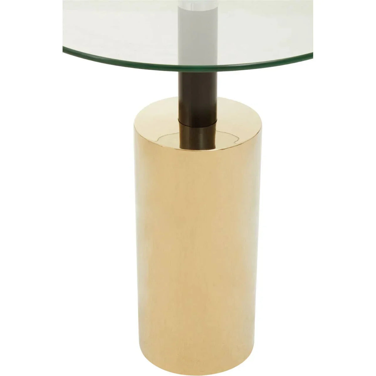 Round glass top side table with gold cylindrical metal base and central black support