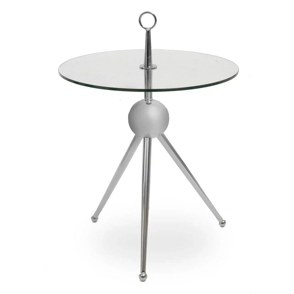 Glass top side table with chrome tripod legs and circular handle detail