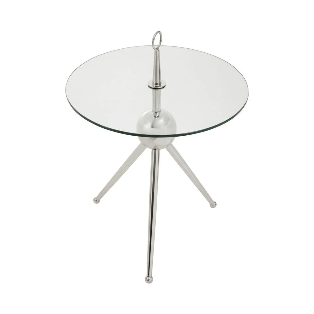 Round glass side table with chrome tripod legs and central finial detail