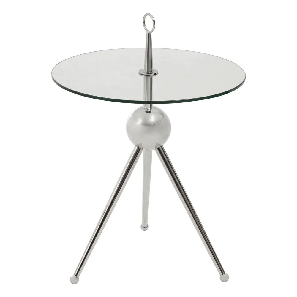 Round glass side table with chrome tripod legs and central silver sphere accent