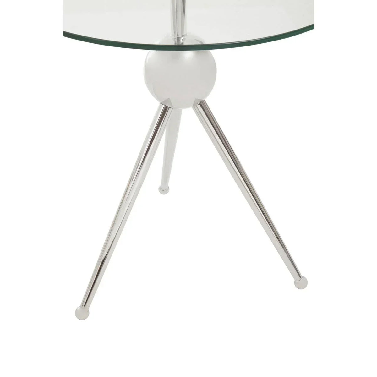 Glass side table with round top and chrome tripod legs