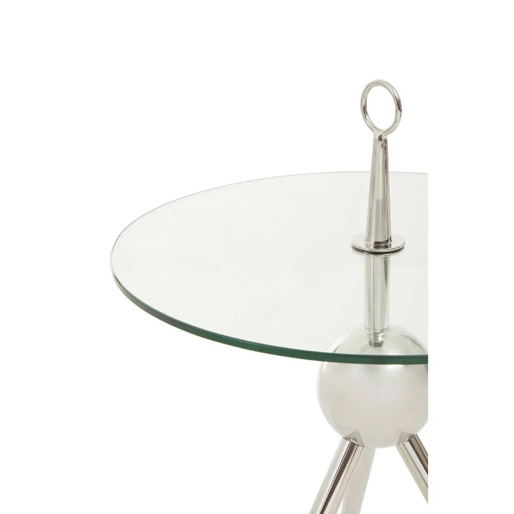 Round glass side table with chrome metal base and ring handle detail