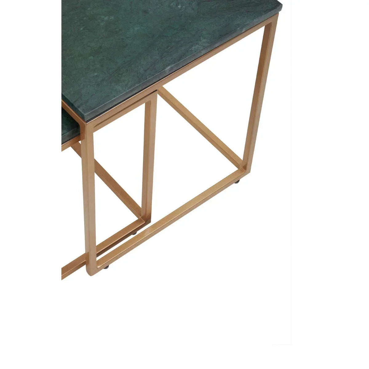 Green marble top table with gold metal frame, geometric leg design, corner angle view