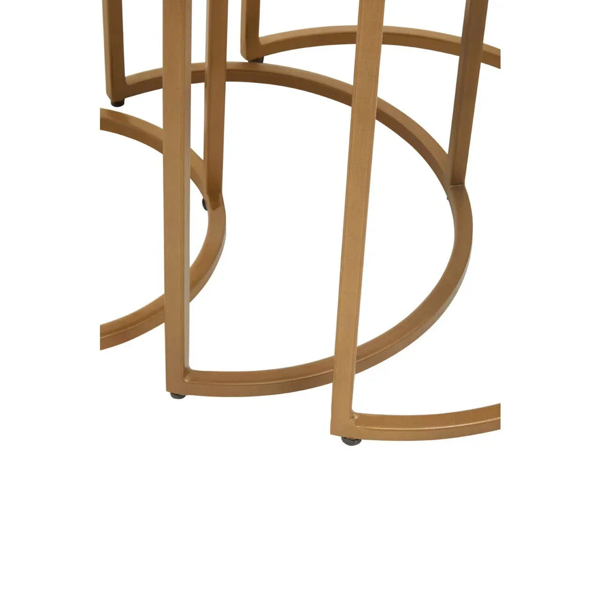 Gold metal nesting table legs with round frame design on white background