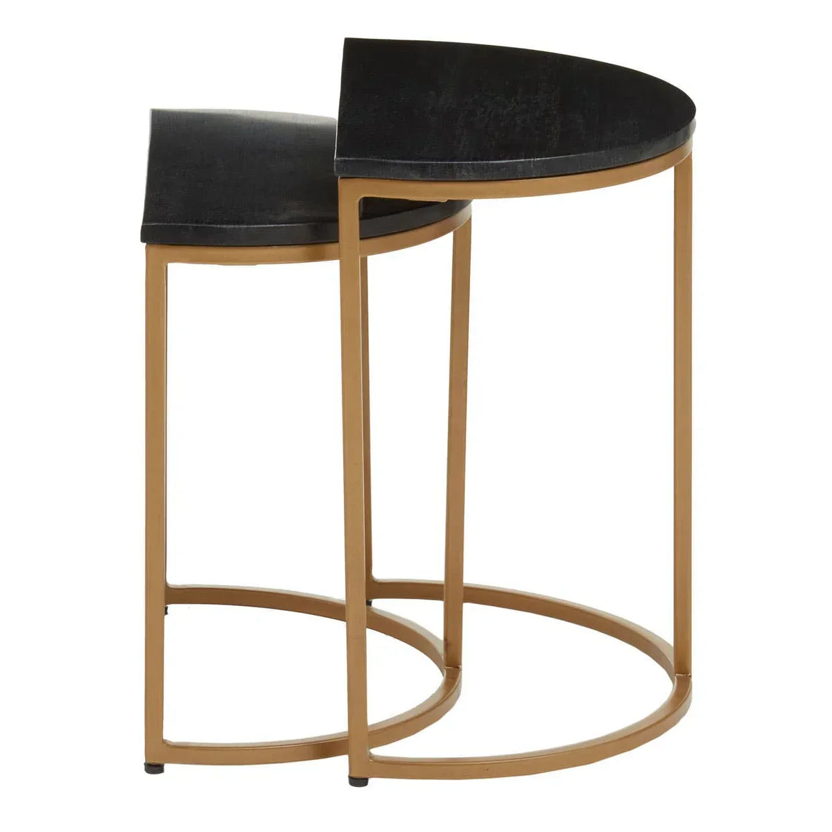Set of two nesting side tables with black tops and gold metal frames, half-moon design