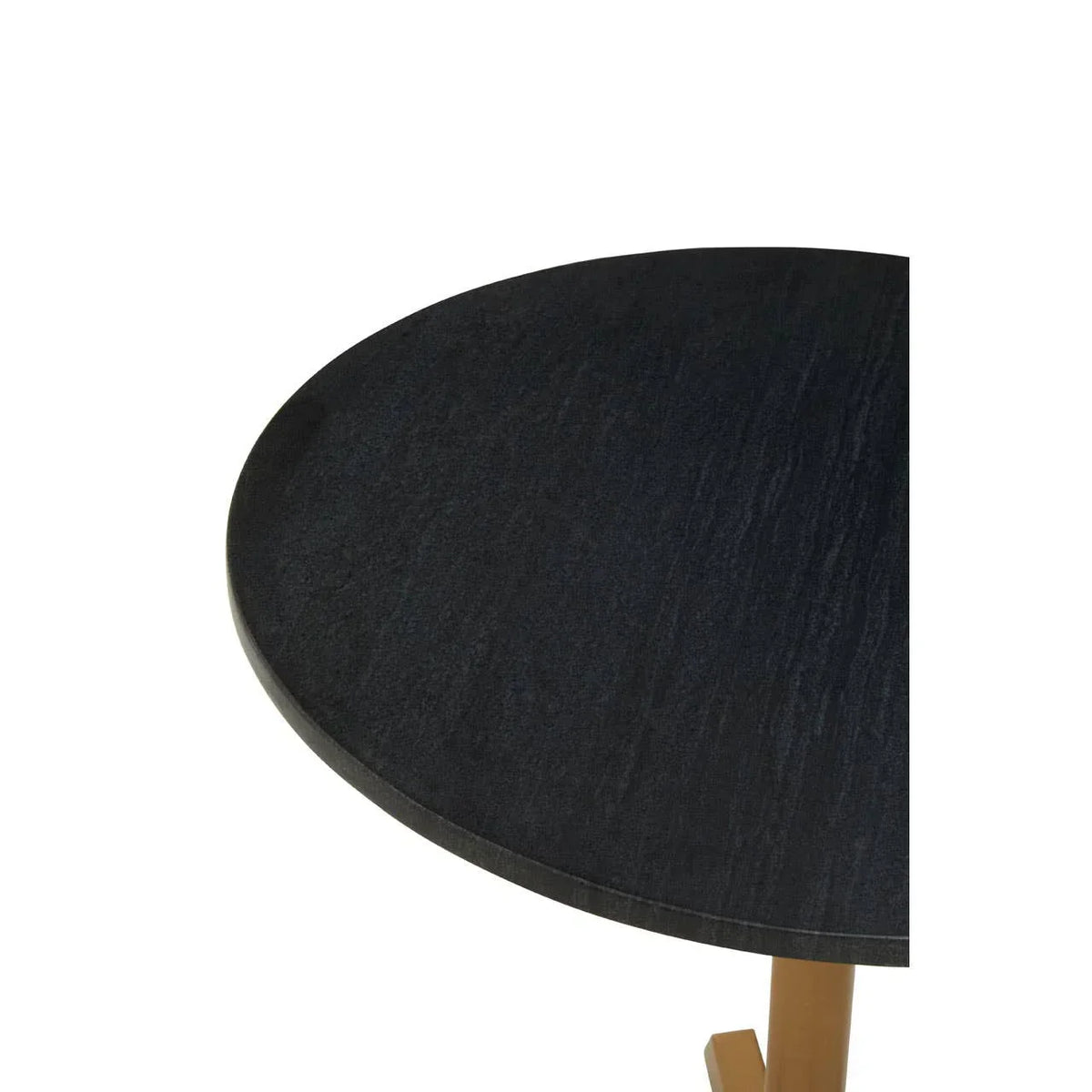 Round black tabletop with visible wood grain and angled wooden legs