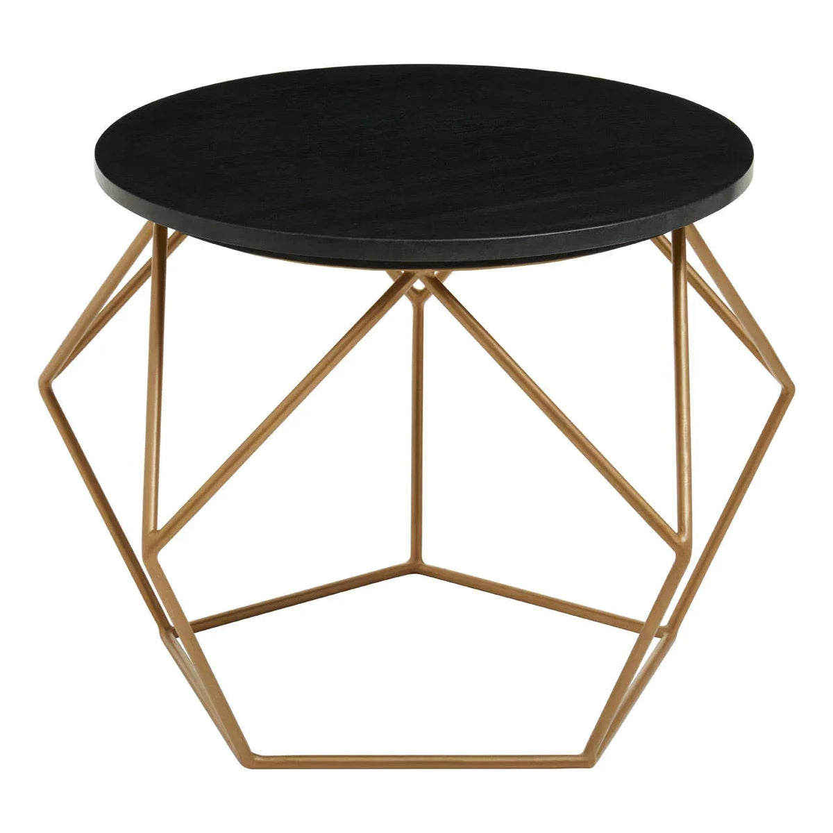 Round black coffee table with geometric gold metal base