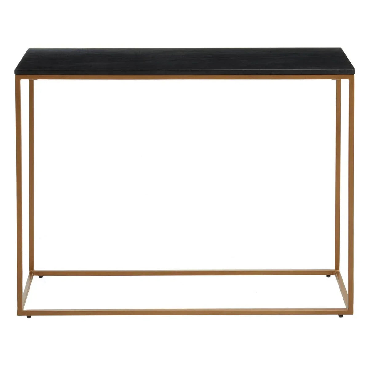 Black console table with slim gold metal frame, modern rectangular design