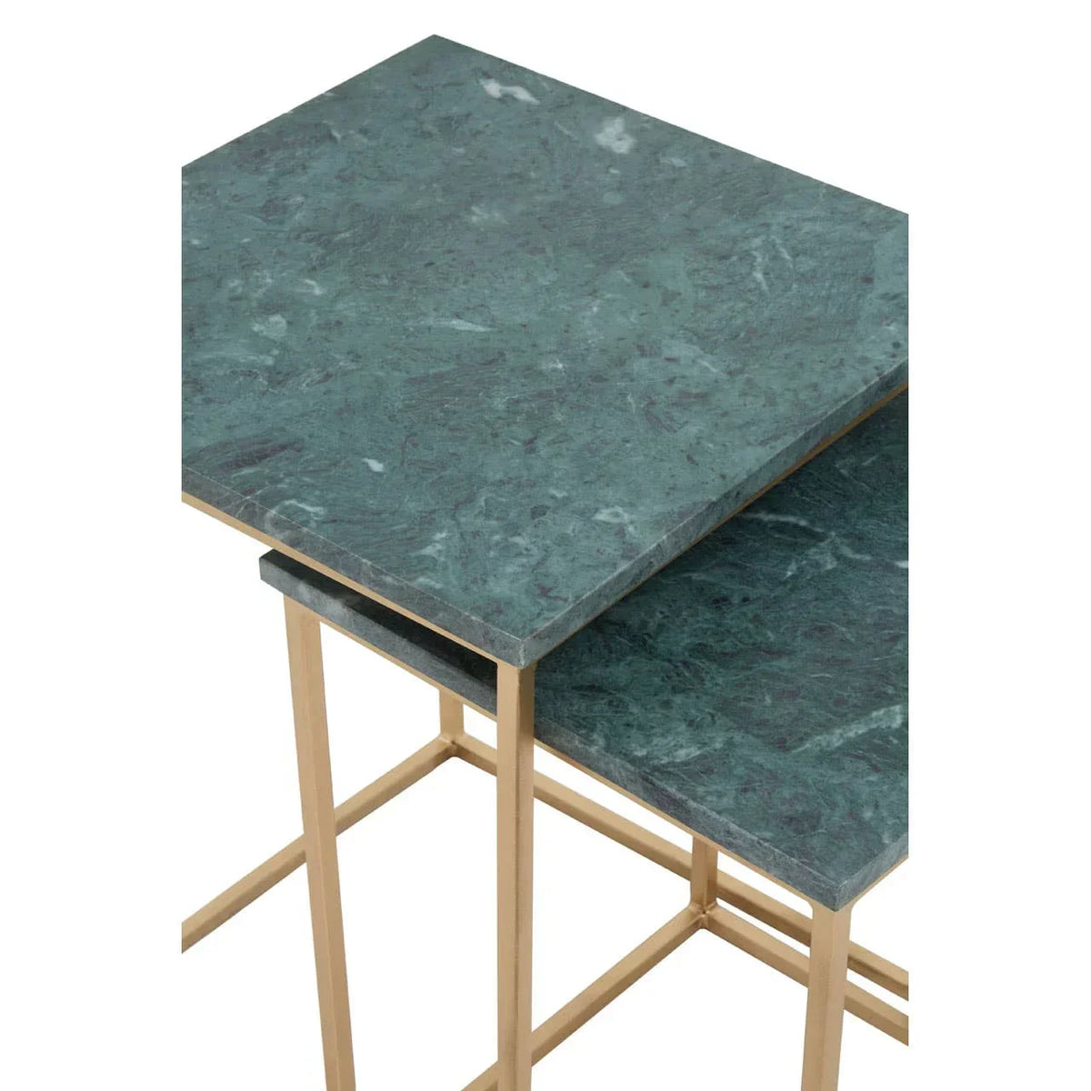 Green marble nesting tables with gold metal legs, close up of tabletop and frame