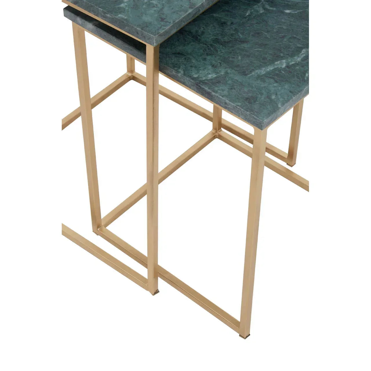 Green marble nesting tables with gold metal frames, close-up of tops and legs
