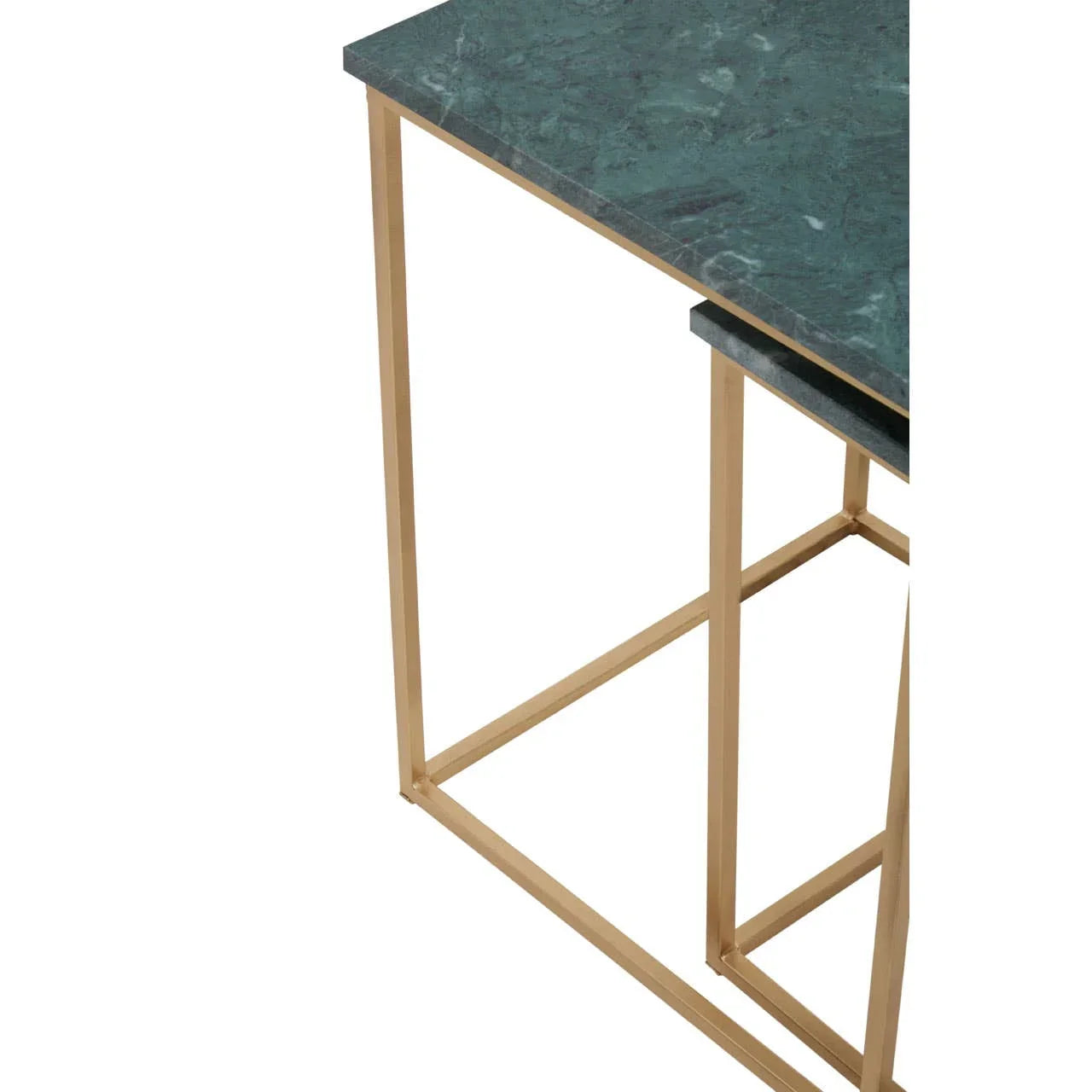 Green marble top nesting tables with gold metal legs, close-up corner view