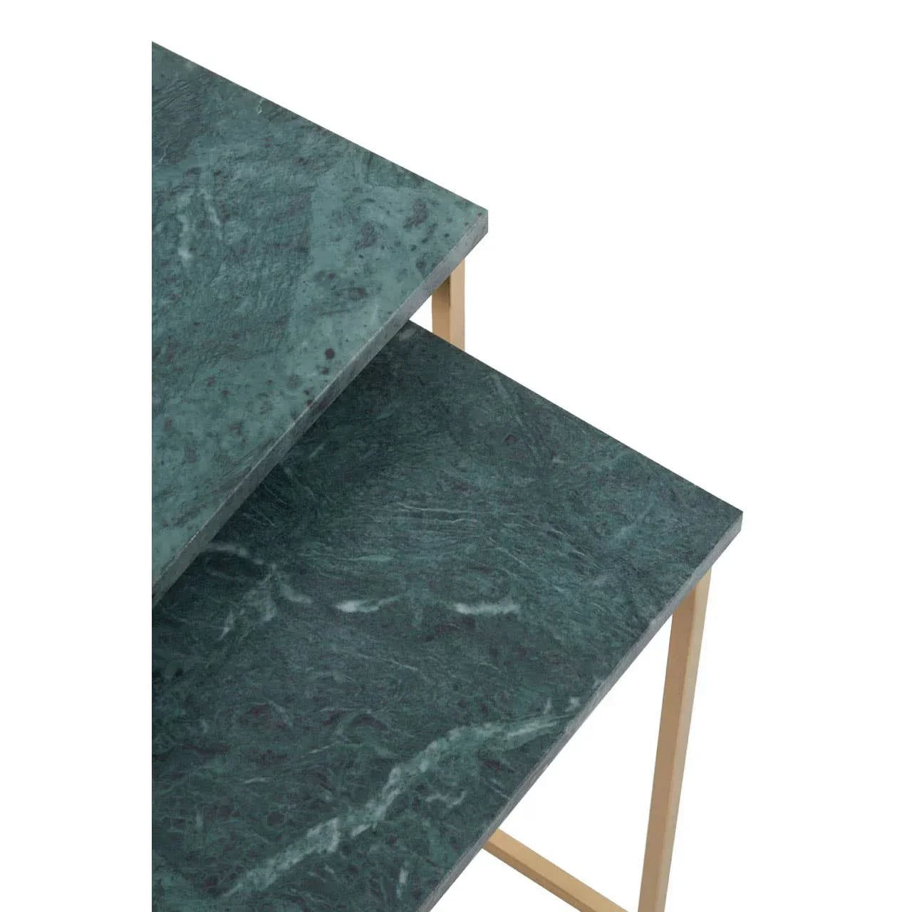 Green marble nest of tables with gold metal legs, close-up of tabletop and corner detail