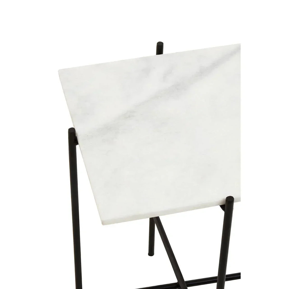 Square marble top side table with black metal legs, angled view