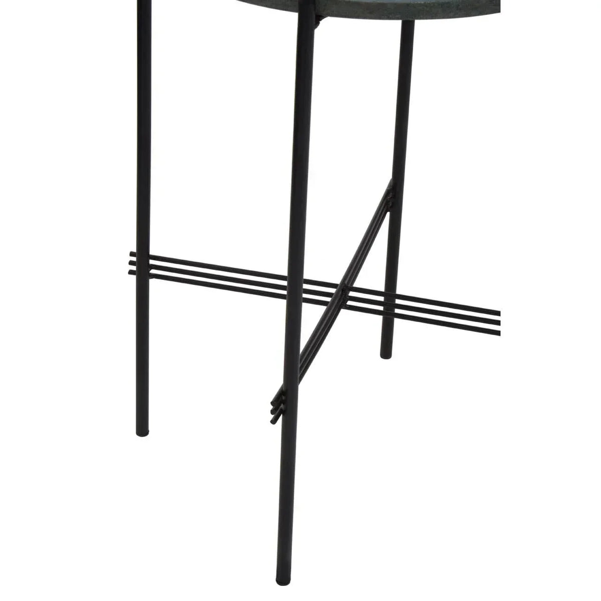 Black metal table legs with crossbar support detail, close-up furniture component view