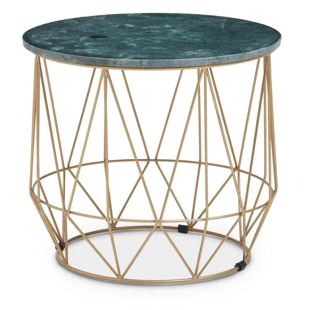 Round side table with green marble top and gold geometric metal base