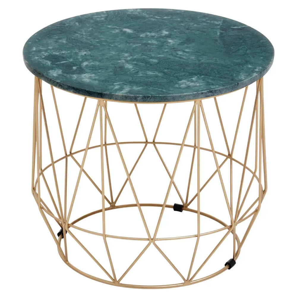 Round marble top side table with gold geometric metal base